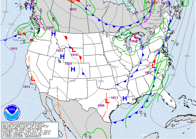Figure 2. CONUS surface analysis for Friday evening (0000Z on Saturday)