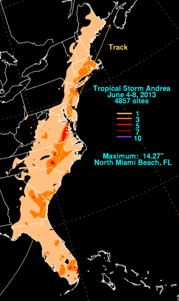 Figure 2. Map of east coast of US with rainfall totals shaded in.