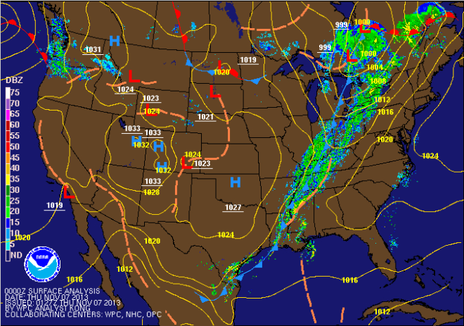 Figure 1. Current surface analysis as of 7 Nov 0000Z (7:00 PM EST).